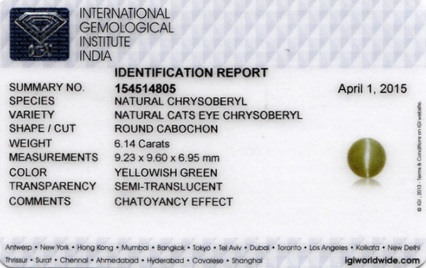 6.14-Carat 9mm Round Chrysoberyl Cat's Eye from India (IGI) :: $1,382 ...