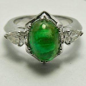 3.49-Carat Emerald Cabochon and Pear-Diamonds Ring